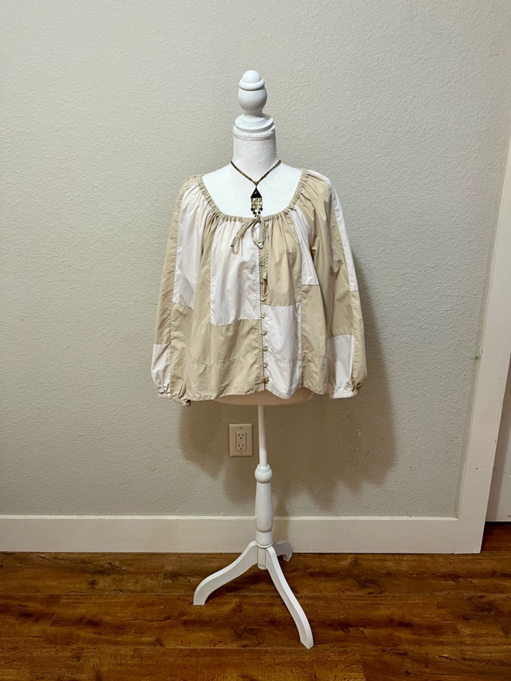 Madewell Patchwork Tie-Front Poplin Peasant Top